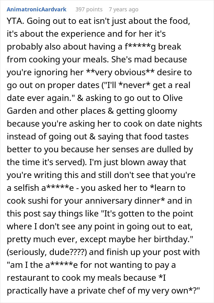 Comment discussing a chef girlfriend and boyfriend not going to restaurants, highlighting relationship and dining experience issues. Comment discussing a chef girlfriend and boyfriend not going to restaurants, highlighting relationship and dining experience issues.