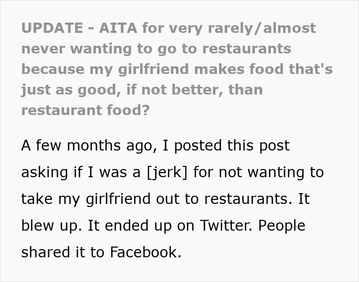 Text post discussing a boyfriend rarely going to restaurants because his chef girlfriend cooks better meals at home. Text post discussing a boyfriend rarely going to restaurants because his chef girlfriend cooks better meals at home.