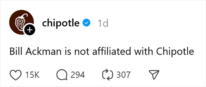 Chipotle’s official statement clarifying Bill Ackman is not affiliated with their brand on social media. Chipotle’s official statement clarifying Bill Ackman is not affiliated with their brand on social media.