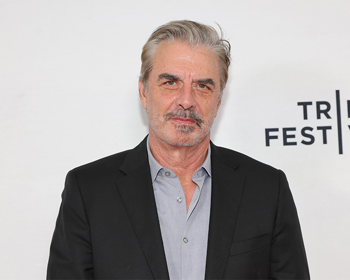 Chris Noth at a film festival event, wearing a black blazer and gray shirt, with a serious expression.