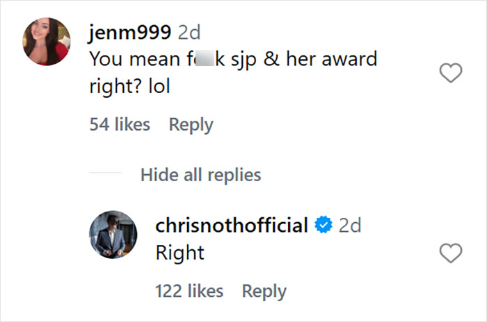 Instagram comment exchange showing Chris Noth&rsquo;s bold comment after Sarah Jessica Parker was honored for her acting.