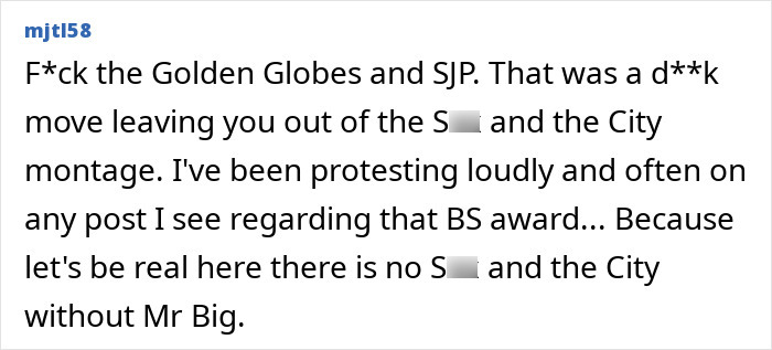 Screenshot of a viral online comment showing Chris Noth&rsquo;s bold reaction after Sarah Jessica Parker was honored for her acting.