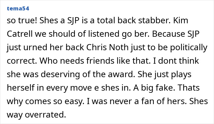 Comment section post criticizing Sarah Jessica Parker and referencing Chris Noth&rsquo;s bold comment after her acting honor.