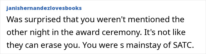 Text post from janishernandezlovesbooks expressing surprise Chris Noth wasn&rsquo;t mentioned at the award ceremony for SATC.