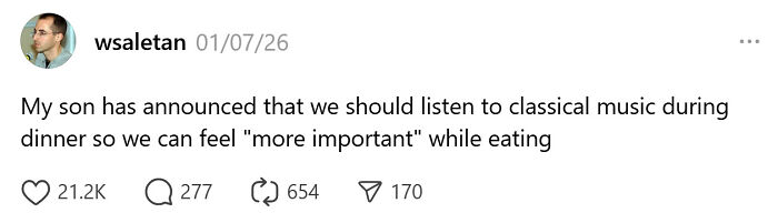 Screenshot of a tweet showing an unintentionally comedic parenting moment about listening to classical music at dinner.