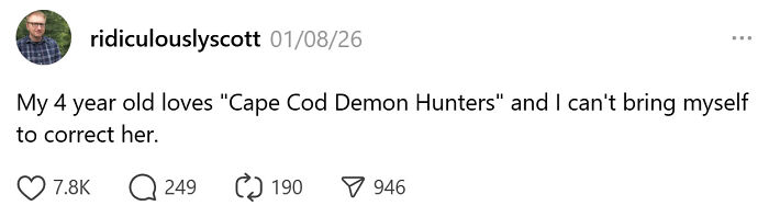 Tweet about a comedic parenting moment where a child’s imaginative play leads to a funny misunderstanding.