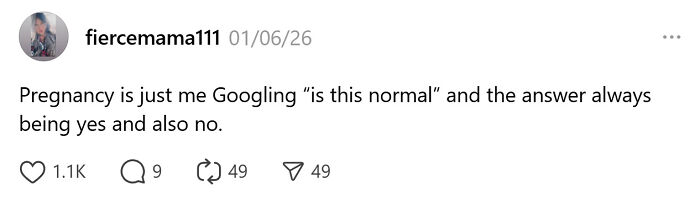 Tweet from fierce mama111 humorously describing pregnancy uncertainties, showcasing unintentionally comedic moments of parenting.