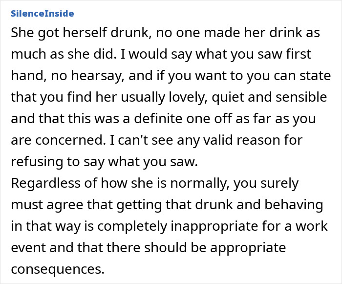 Comment discussing a woman’s inappropriate behavior at a work event sparking a double-standard debate. Comment discussing a woman’s inappropriate behavior at a work event sparking a double-standard debate.