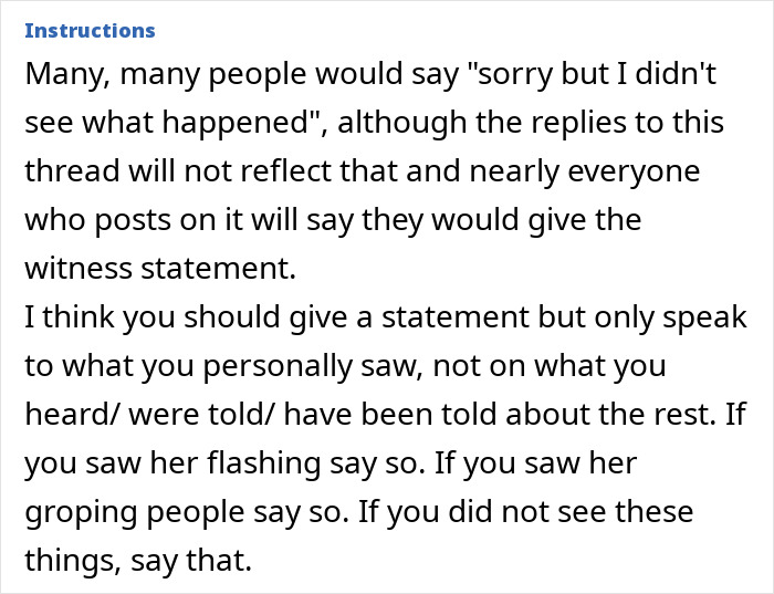 Text discussing a woman's actions sparking a double-standard debate and a call for clear witness statements.