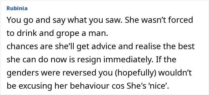 Comment highlighting a woman's actions sparking a double-standard debate about gender and workplace behavior. Comment highlighting a woman's actions sparking a double-standard debate about gender and workplace behavior.