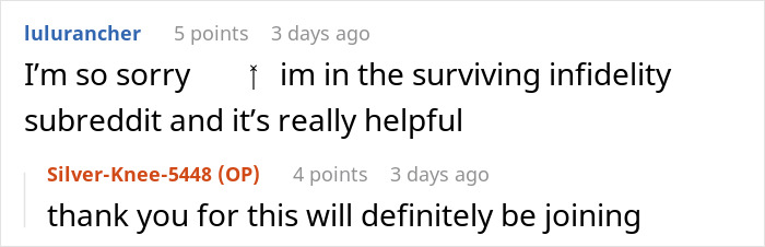 Screenshot of a Reddit conversation about surviving infidelity, relating to a dad’s mistress texting his adult daughter. Screenshot of a Reddit conversation about surviving infidelity, relating to a dad’s mistress texting his adult daughter.