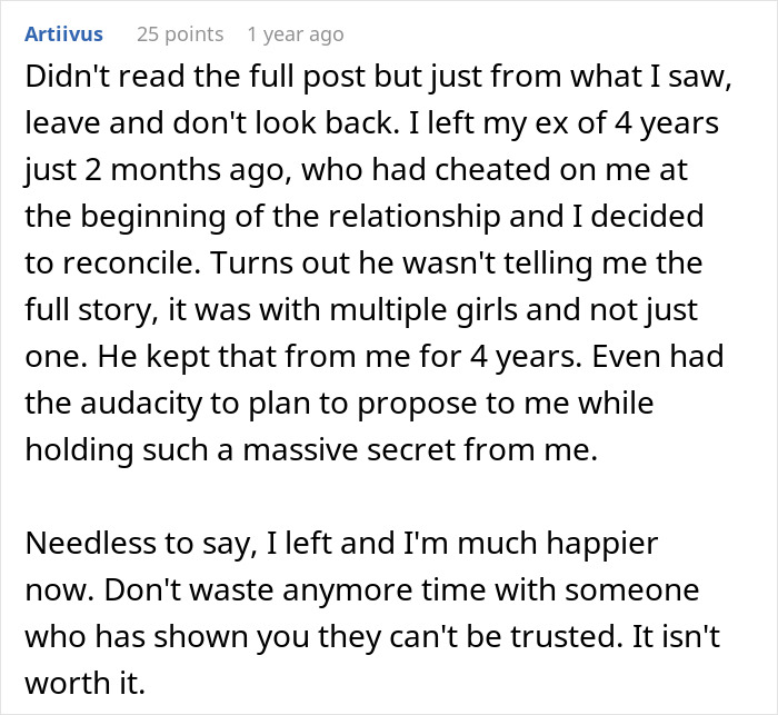 Comment describing a man discovering his wife’s cheating involved multiple partners, revealing hidden truths years later.