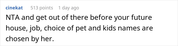 Commenter cinekat responding to a post about a mother dictating wedding attire as the groom refuses marriage.