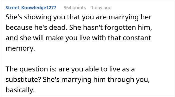 Text comment about engagement hold with late boyfriend's ashes, reflecting grief and memory in relationship.