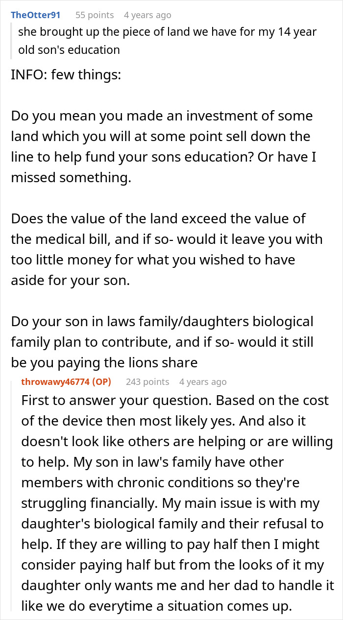 Selfish Lady Reddit thread screenshot showing comments about land, medical bills, and family refusing to help