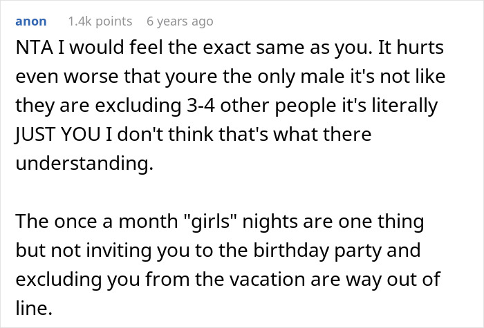 Screenshot of a forum comment discussing a guy furious after family excludes him from girl days and vacation plans. Screenshot of a forum comment discussing a guy furious after family excludes him from girl days and vacation plans.