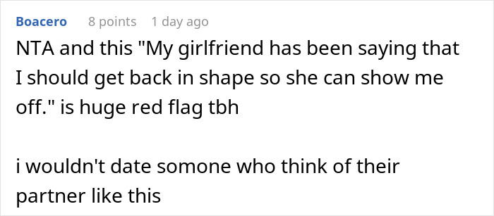 Comment discussing relationship red flags in a woman demanding her swimmer boyfriend resemble her friend’s partner.