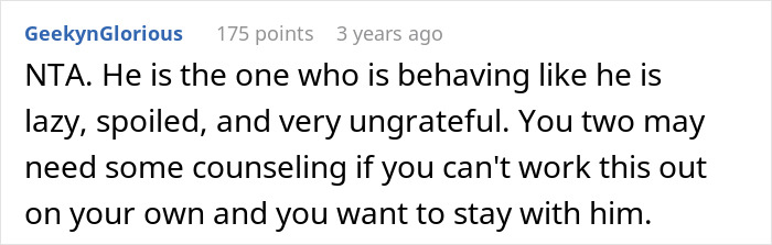 Comment on a forum discussing a working wife dropping the supermom act after criticism from her man-child husband.