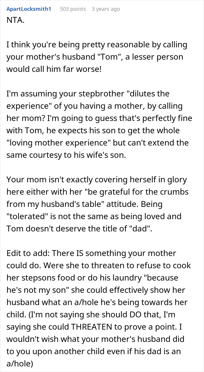 Reddit comment discussing teen calling out stepdad for ignoring him and mom saying he’s 95 percent dad and to let it go. Reddit comment discussing teen calling out stepdad for ignoring him and mom saying he’s 95 percent dad and to let it go.