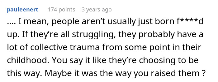 Commenter discussing childhood trauma and parenting in a conversation about a dad claiming his children are failures.
