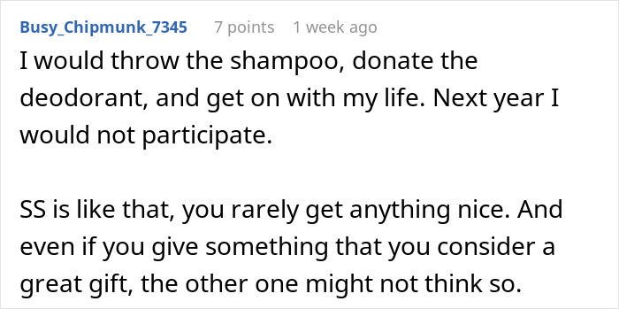 Commenter explaining feelings about passive-aggressive gifts among daycare workers and coworkers in a discussion thread. Commenter explaining feelings about passive-aggressive gifts among daycare workers and coworkers in a discussion thread.