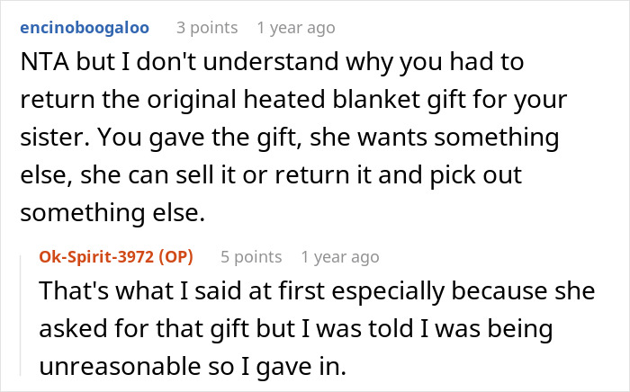 Reddit comment thread about a heated blanket gift: user says NTA, OP explains returning gift to appease sister Reddit comment thread about a heated blanket gift: user says NTA, OP explains returning gift to appease sister