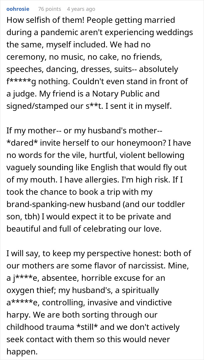 Text from an online forum post discussing the impact of husband parents coming honeymoon surprise on a private, allergy-sensitive trip.