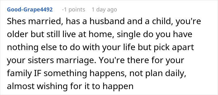 Comment discussing concerns about a sister who became a tradwife, questioning family support and intentions. Comment discussing concerns about a sister who became a tradwife, questioning family support and intentions.