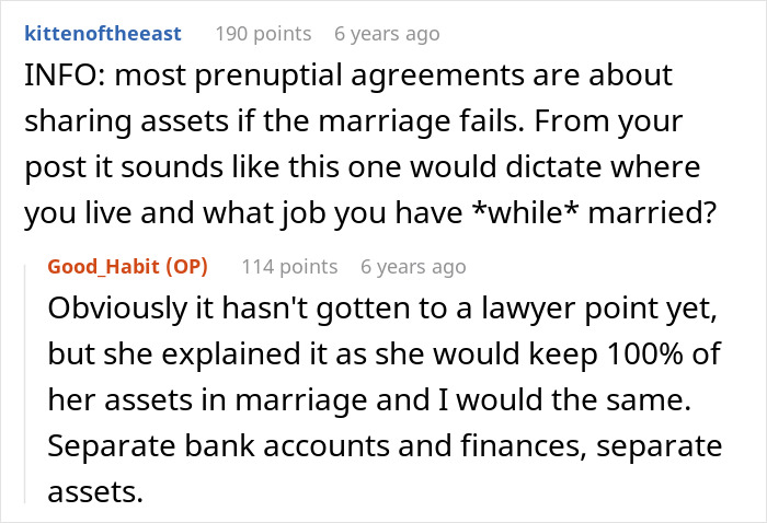 Online discussion about prenuptial agreements, asset sharing, and controversial infidelity clause in engagement disputes.