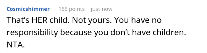 Screenshot of an online comment asserting no responsibility towards a child by a child-loathing lady refusing to be a free nanny. Screenshot of an online comment asserting no responsibility towards a child by a child-loathing lady refusing to be a free nanny.