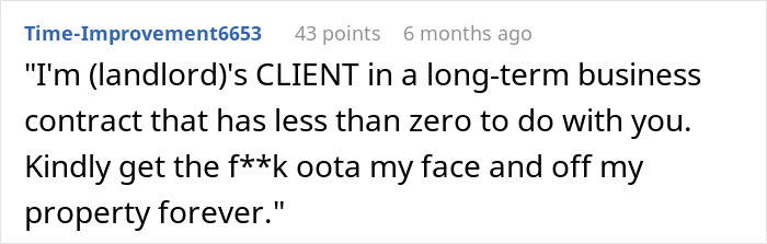 Screenshot of a Reddit comment where a tenant firmly rejects harassment from an entitled sister claiming family rights.