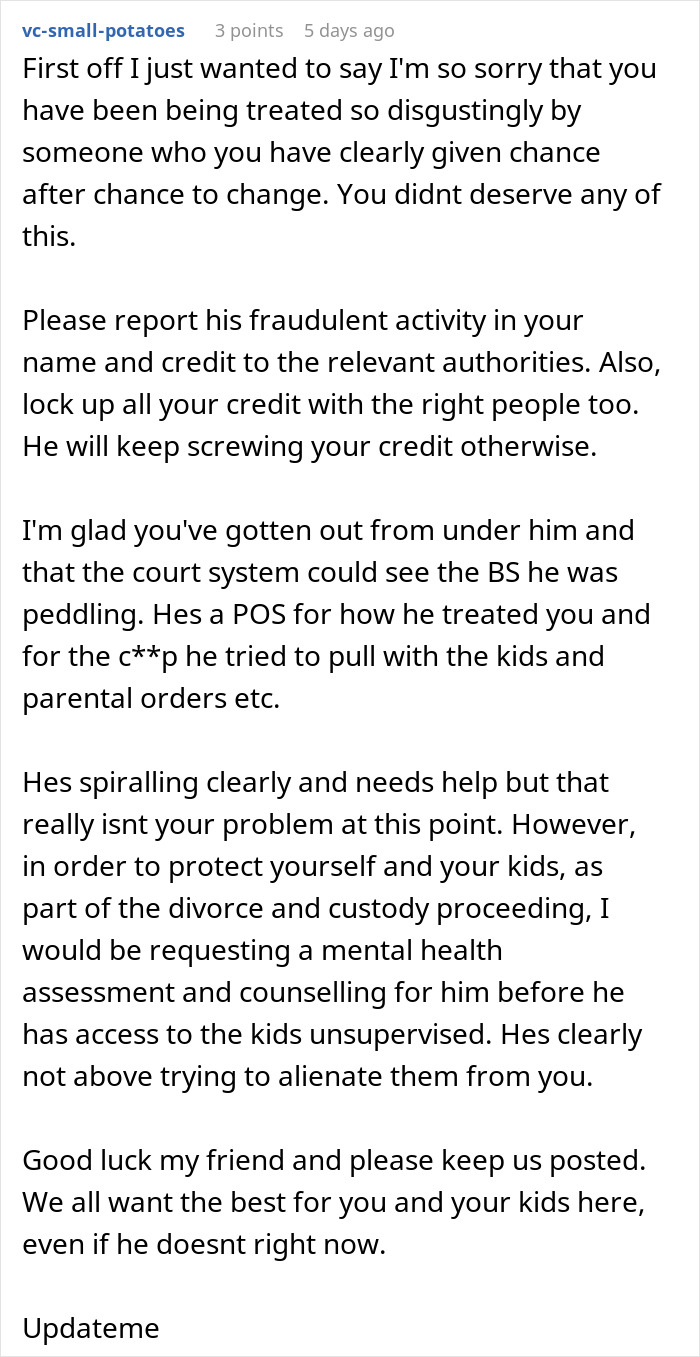 Comment discussing a SAHM wife facing financial blame from husband leading to divorce and custody concerns.