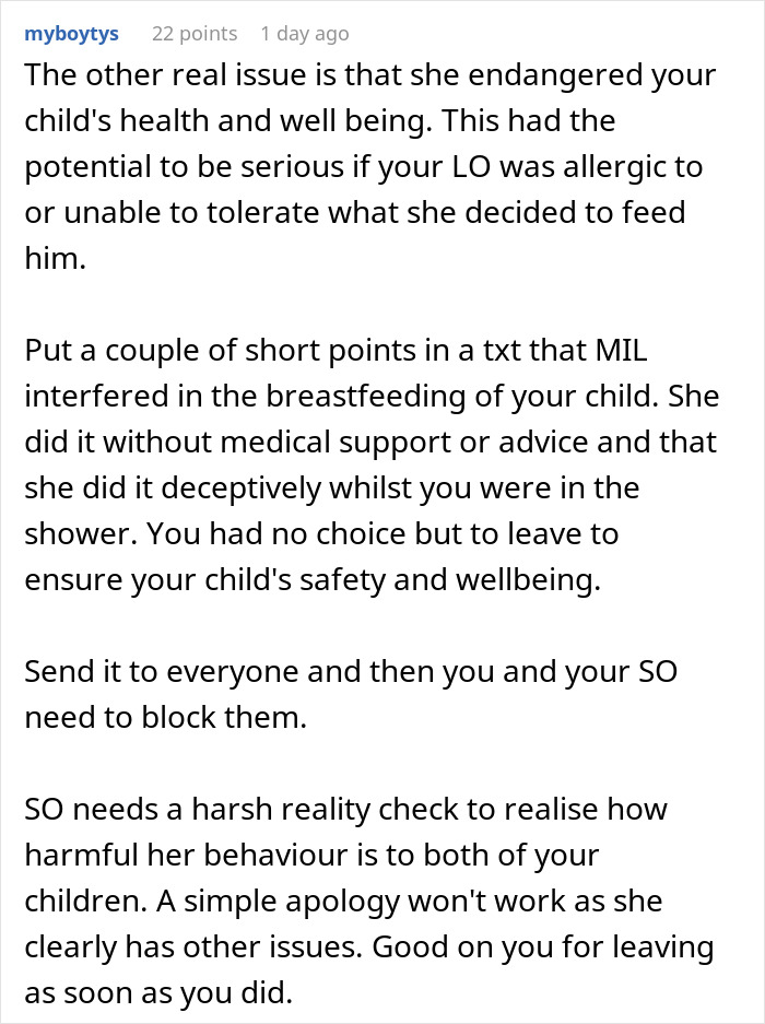 Reddit screenshot about MIL feeding interference, mom storms off with baby while commenters urge blocking MIL Reddit screenshot about MIL feeding interference, mom storms off with baby while commenters urge blocking MIL