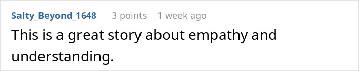 Screenshot of a Reddit comment praising a story about empathy and understanding related to a daycare worker and coworker gift.