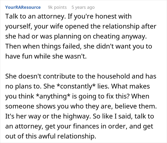 Text advice about wife making husband agree to an open marriage with trust issues and relationship problems.