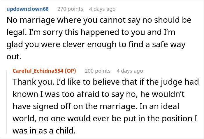 Reddit conversation about a teen forced to marry a 32-year-old and finding a plan to get a divorce safely.