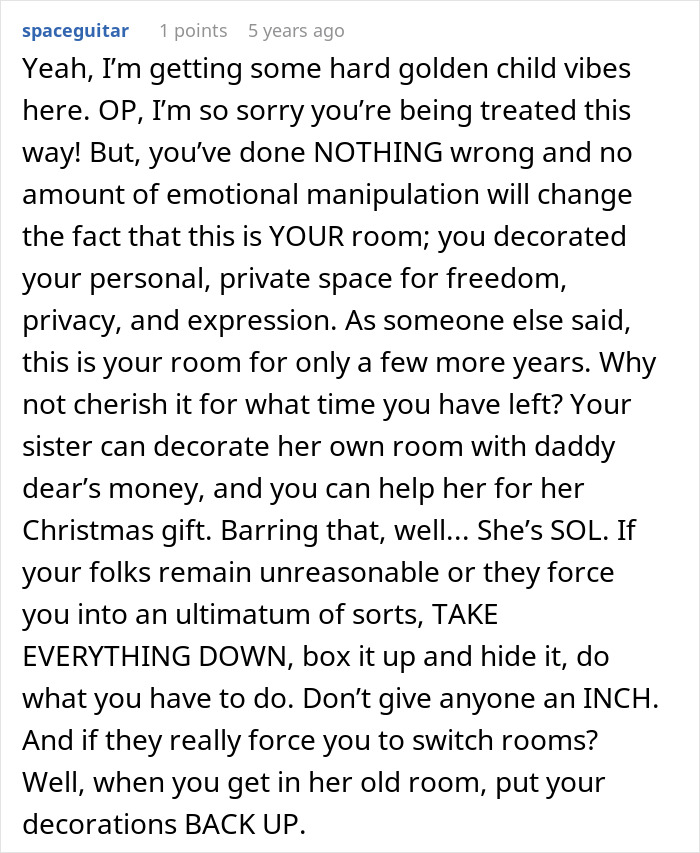 Comment discussing a teen accused of crushing half-sister’s Christmas dreams by refusing her wishes for her room. Comment discussing a teen accused of crushing half-sister’s Christmas dreams by refusing her wishes for her room.