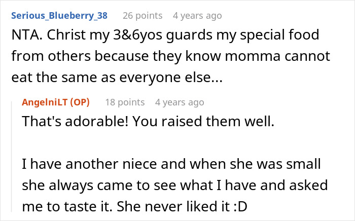 Online discussion about refusing to give food to little niece, with comments on guarding special food and family interactions.