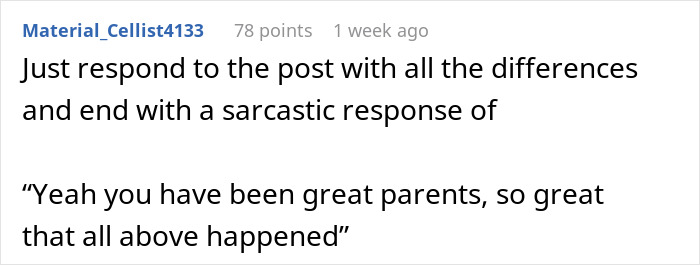Screenshot of a Reddit comment discussing a sarcastic response about parents watching as golden child critiques sister's fiancé. Screenshot of a Reddit comment discussing a sarcastic response about parents watching as golden child critiques sister's fiancé.