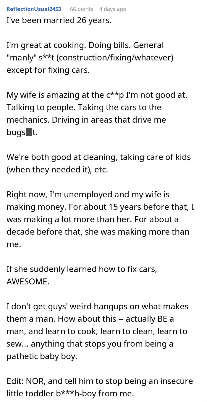 Text post from a user discussing feelings of emasculation when a woman fixes things and challenges traditional roles in a relationship. Text post from a user discussing feelings of emasculation when a woman fixes things and challenges traditional roles in a relationship.