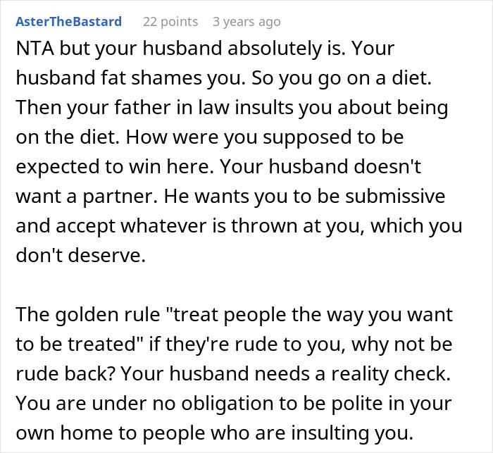 Comment discussing husband fat shaming daughter-in-law while defending her father-in-law's insults publicly. Comment discussing husband fat shaming daughter-in-law while defending her father-in-law's insults publicly.
