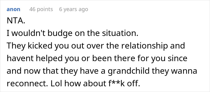 Screenshot of an online comment refusing parents access to baby due to past relationship issues and a long-term conflict. Screenshot of an online comment refusing parents access to baby due to past relationship issues and a long-term conflict.