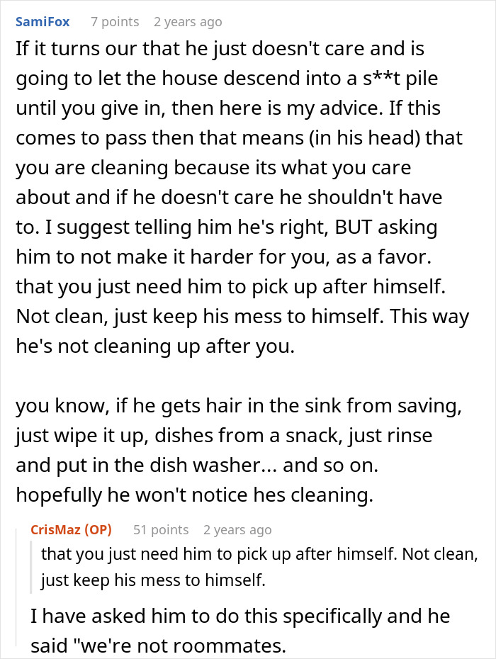 Online forum discussion about wife deciding to live life like her husband and his reaction to household chores.