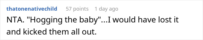 Comment from user reacting to new mom kicking out husband inlaws for not helping with baby, expressing strong agreement. Comment from user reacting to new mom kicking out husband inlaws for not helping with baby, expressing strong agreement.