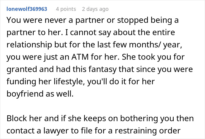 Comment discussing an unemployed woman cheating on her boyfriend with a jobless man and exploiting her ex for financial support. Comment discussing an unemployed woman cheating on her boyfriend with a jobless man and exploiting her ex for financial support.