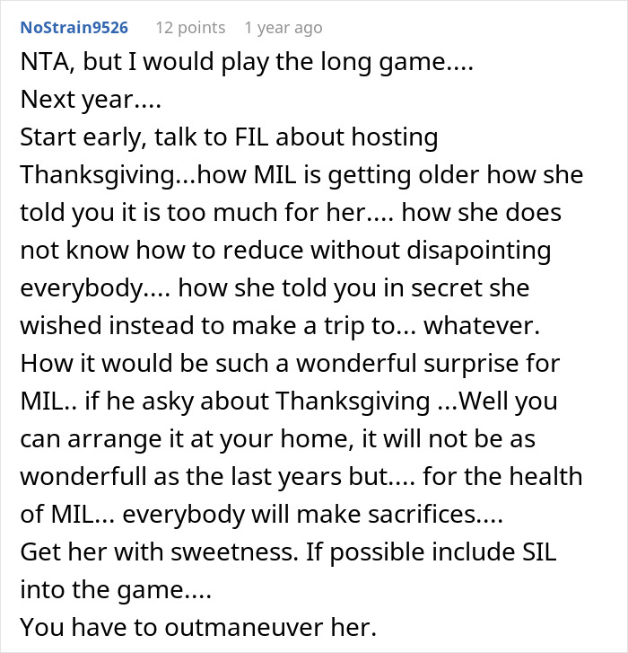 Text from online forum discussing woman refusing to attend MIL&rsquo;s Thanksgiving after being reinvited due to guests flaking.