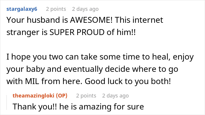 Reddit conversation showing support for husband and advice on handling MIL refusing baby name.