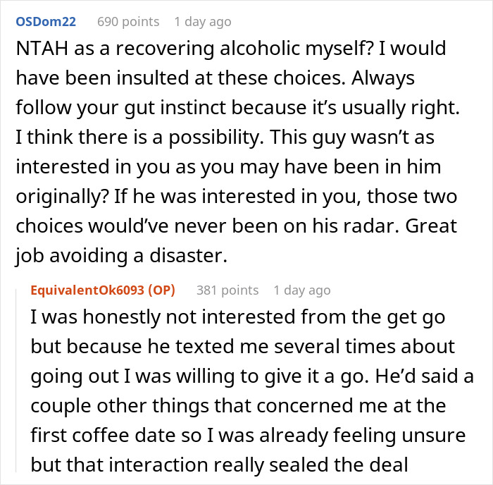 Reddit user shares experience as recovering alcoholic avoiding second date planned entirely around bars. Reddit user shares experience as recovering alcoholic avoiding second date planned entirely around bars.