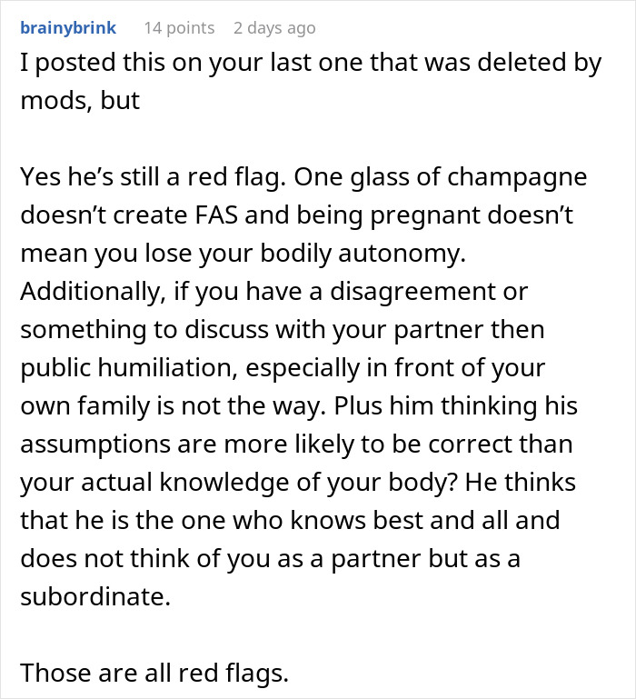 Comment discussing red flags after man assuming fiancée is pregnant, leading to shock and humiliation. Comment discussing red flags after man assuming fiancée is pregnant, leading to shock and humiliation.