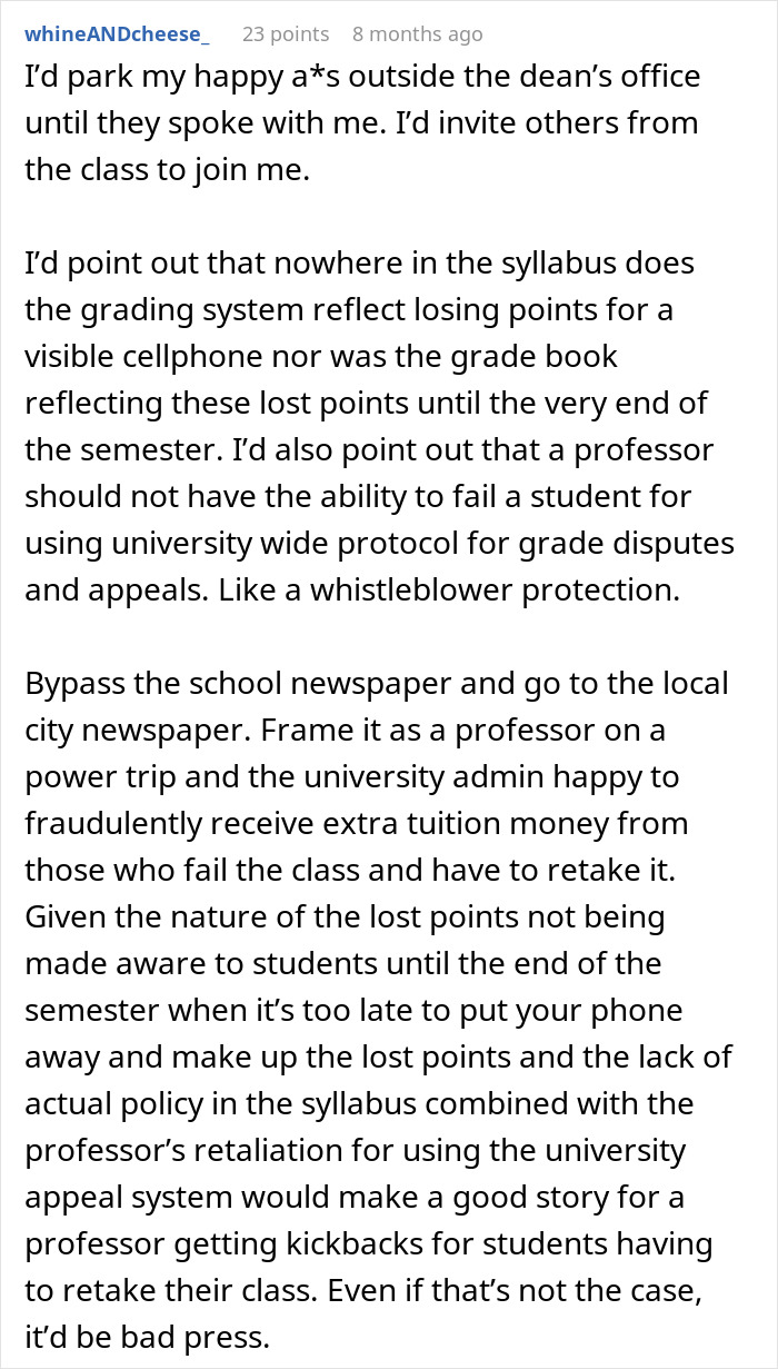 Student complains about professor enforcing phone rule without warning and risking failing the class over lost points.